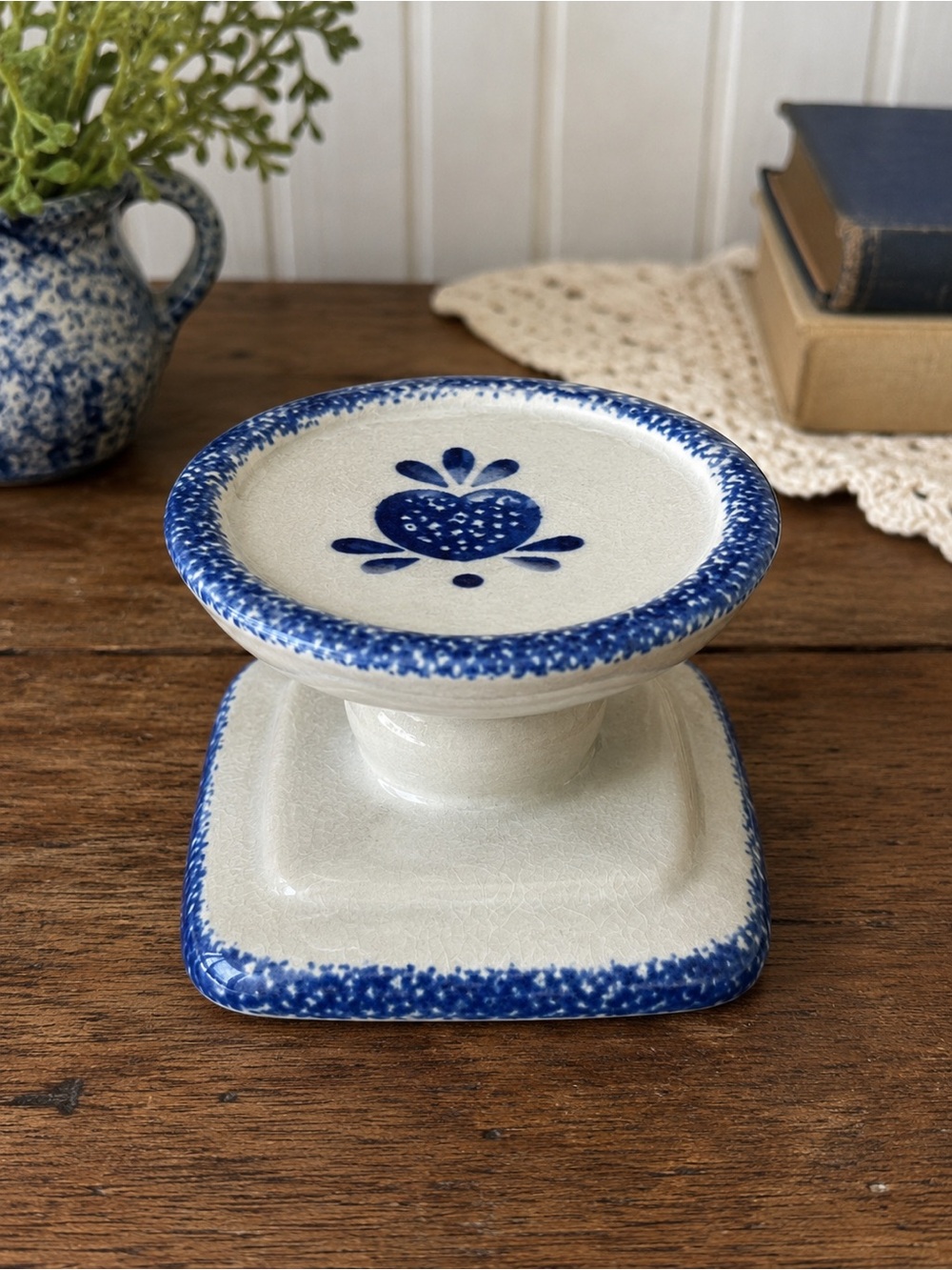Vintage Loomco Country Blue Candlestick Holder Blue White Spongeware Pottery